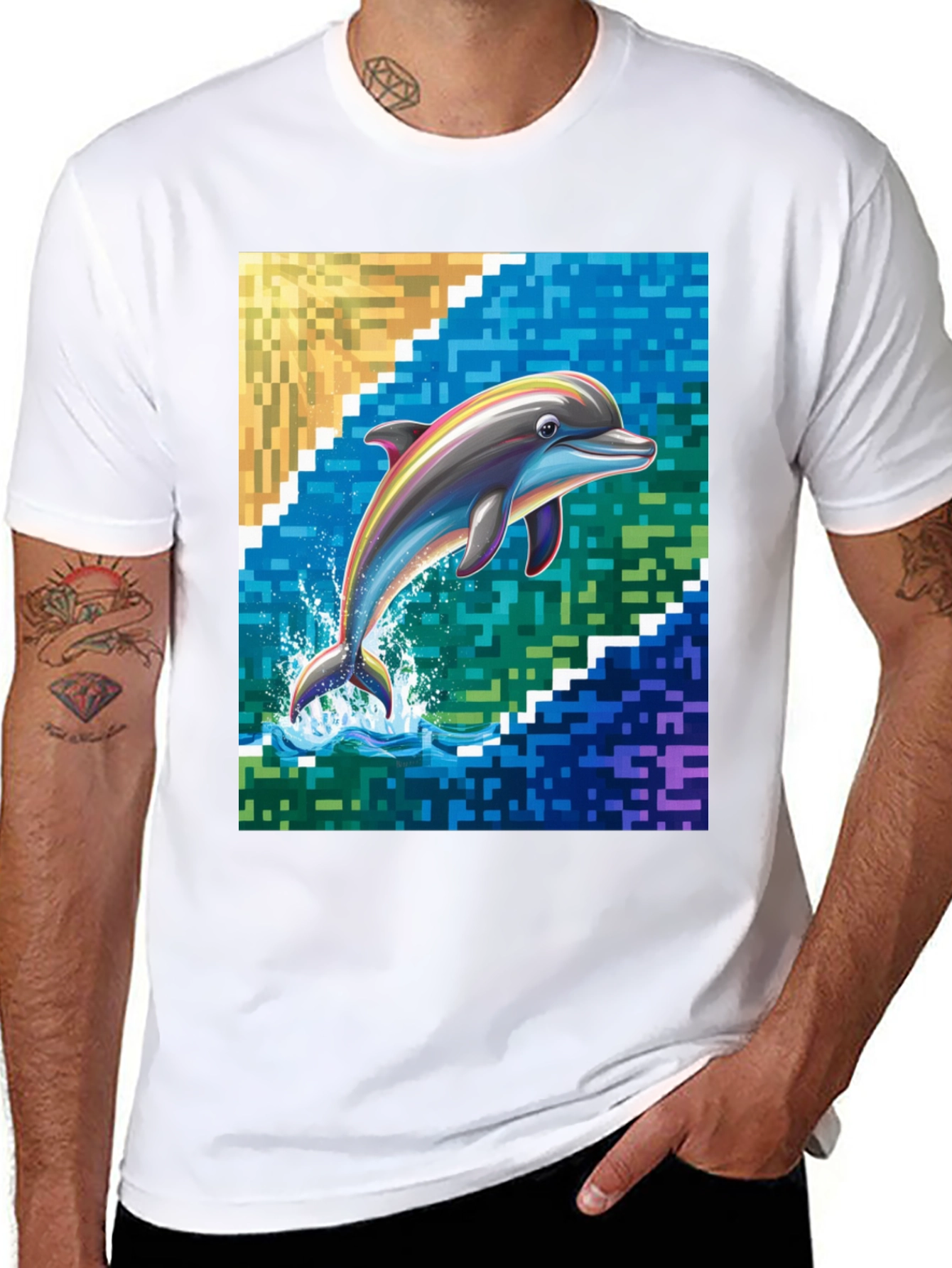 Dolphin Pixel Art Graphic Tee - Mens Black T-Shirt