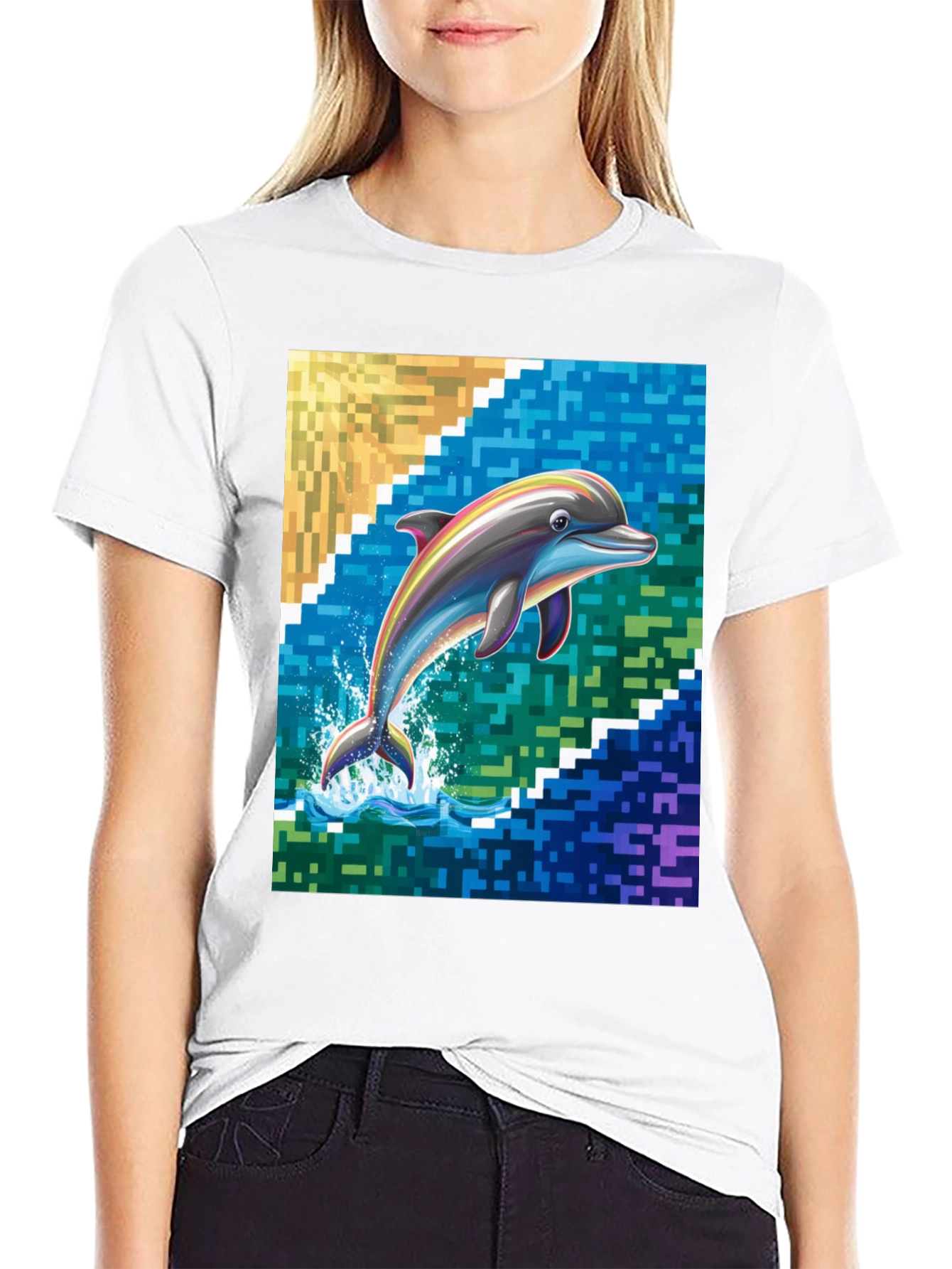 Dolphin Pixel Art Graphic Tee - Mens Black T-Shirt