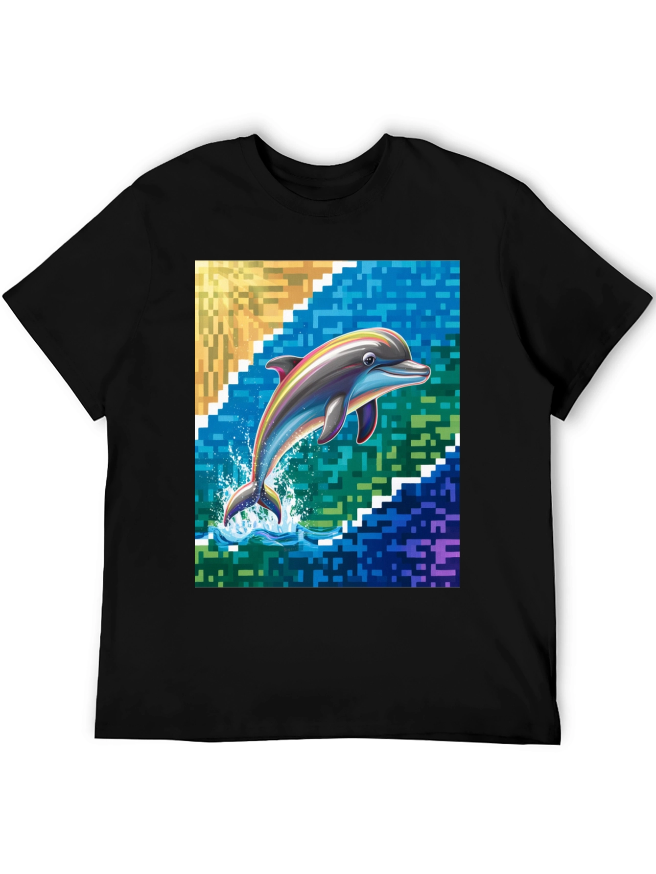 Dolphin Pixel Art Graphic Tee - Mens Black T-Shirt
