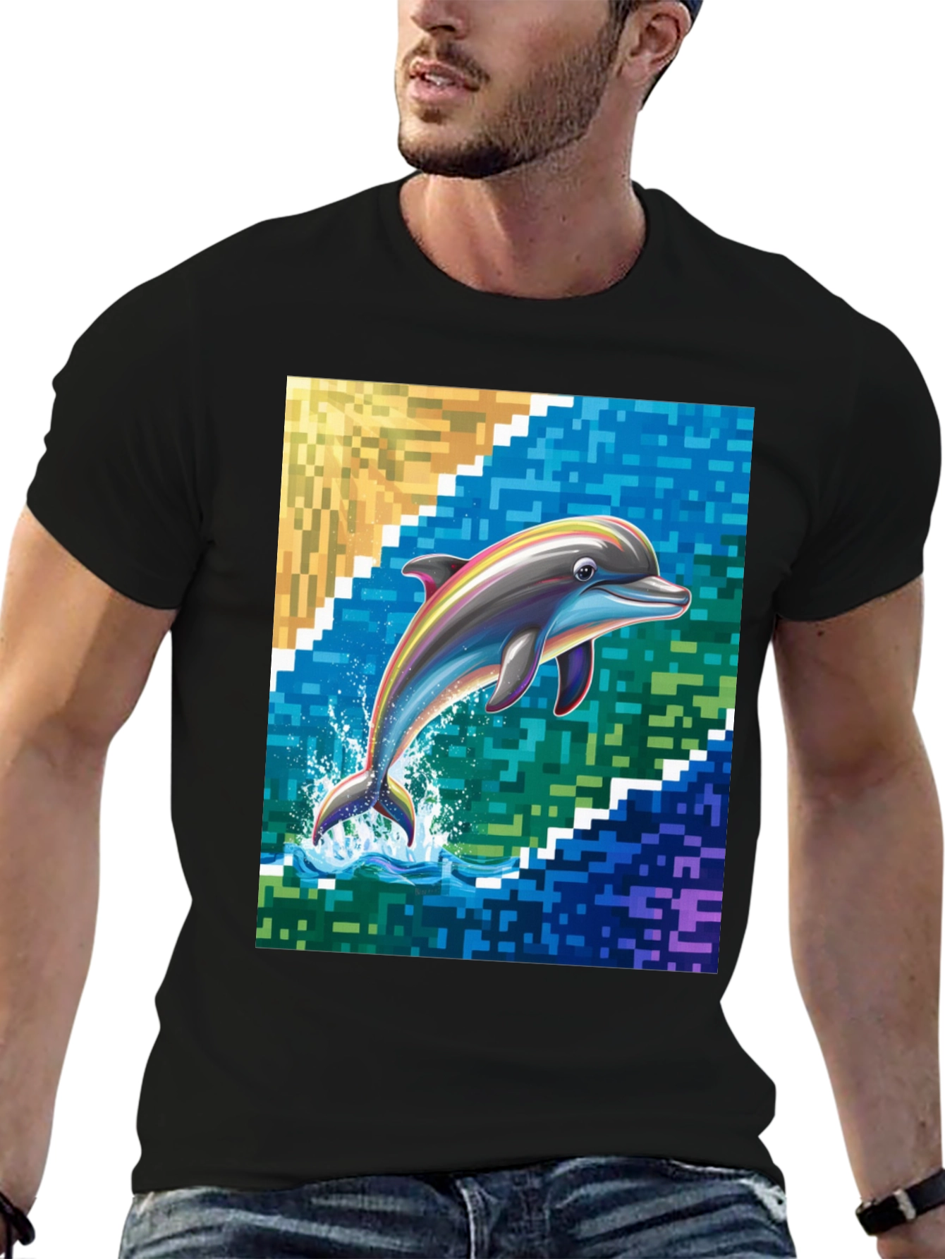 Dolphin Pixel Art Graphic Tee - Mens Black T-Shirt