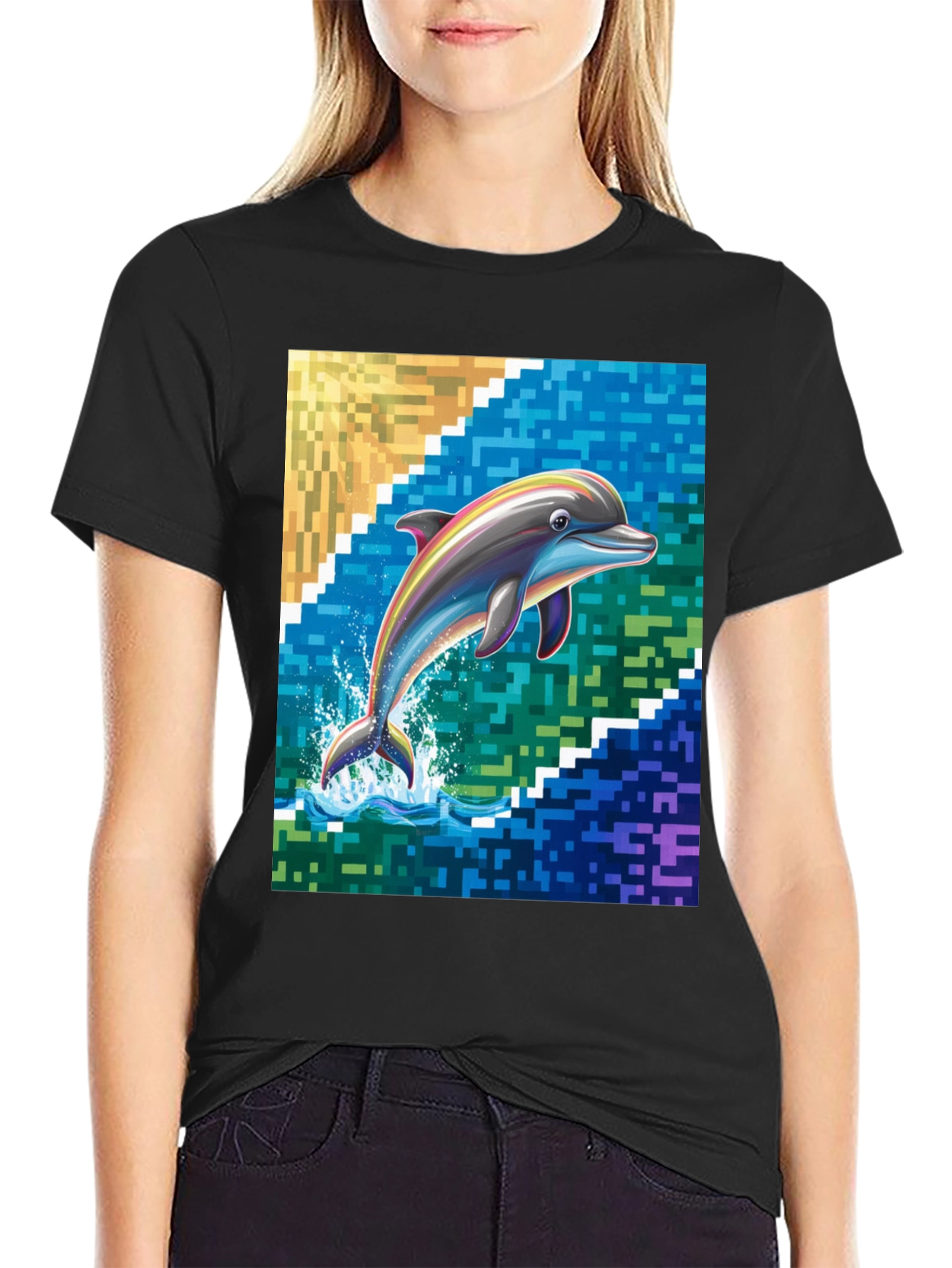 Dolphin Pixel Art Graphic Tee - Mens Black T-Shirt