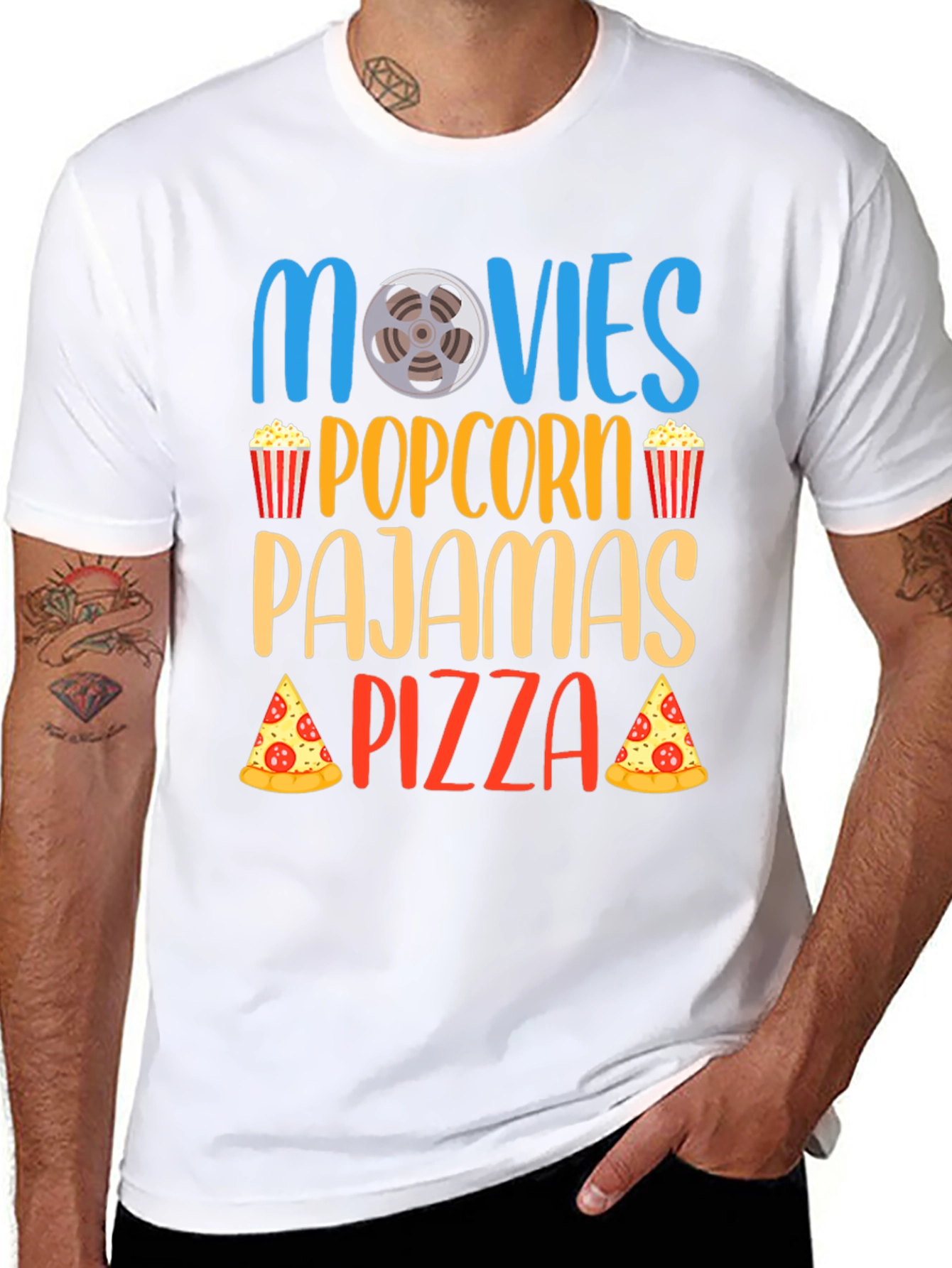 Movies Popcorn Pajamas Pizza Black T-Shirt