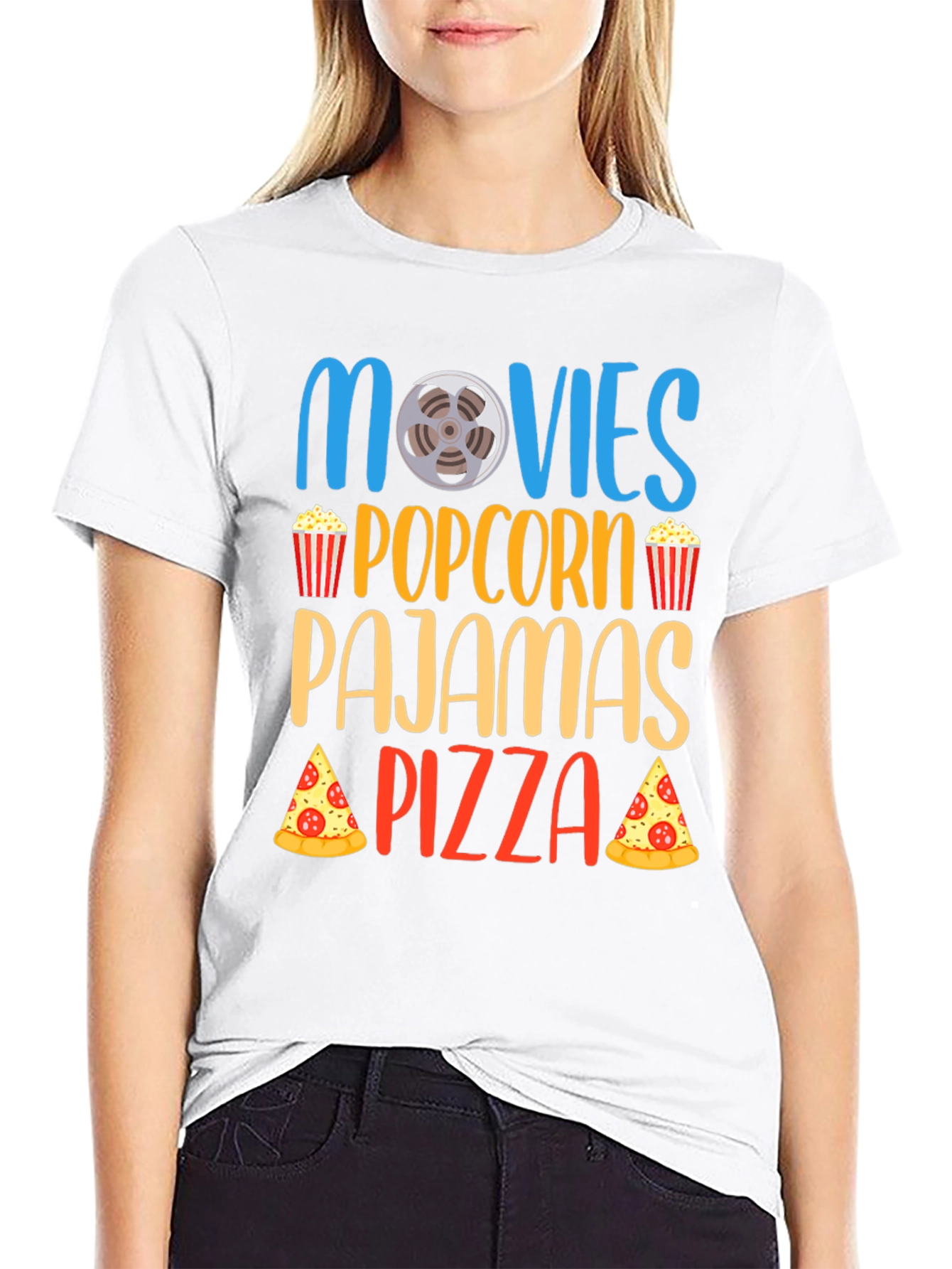 Movies Popcorn Pajamas Pizza Black T-Shirt