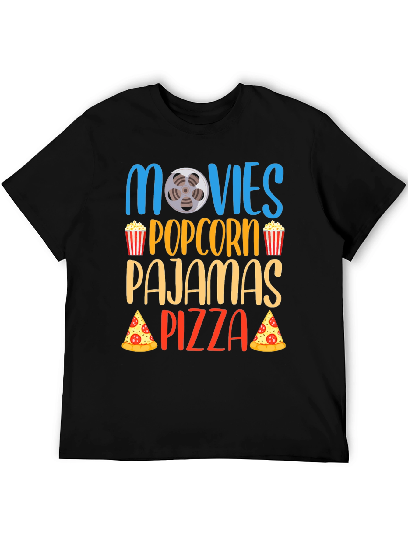 Movies Popcorn Pajamas Pizza Black T-Shirt