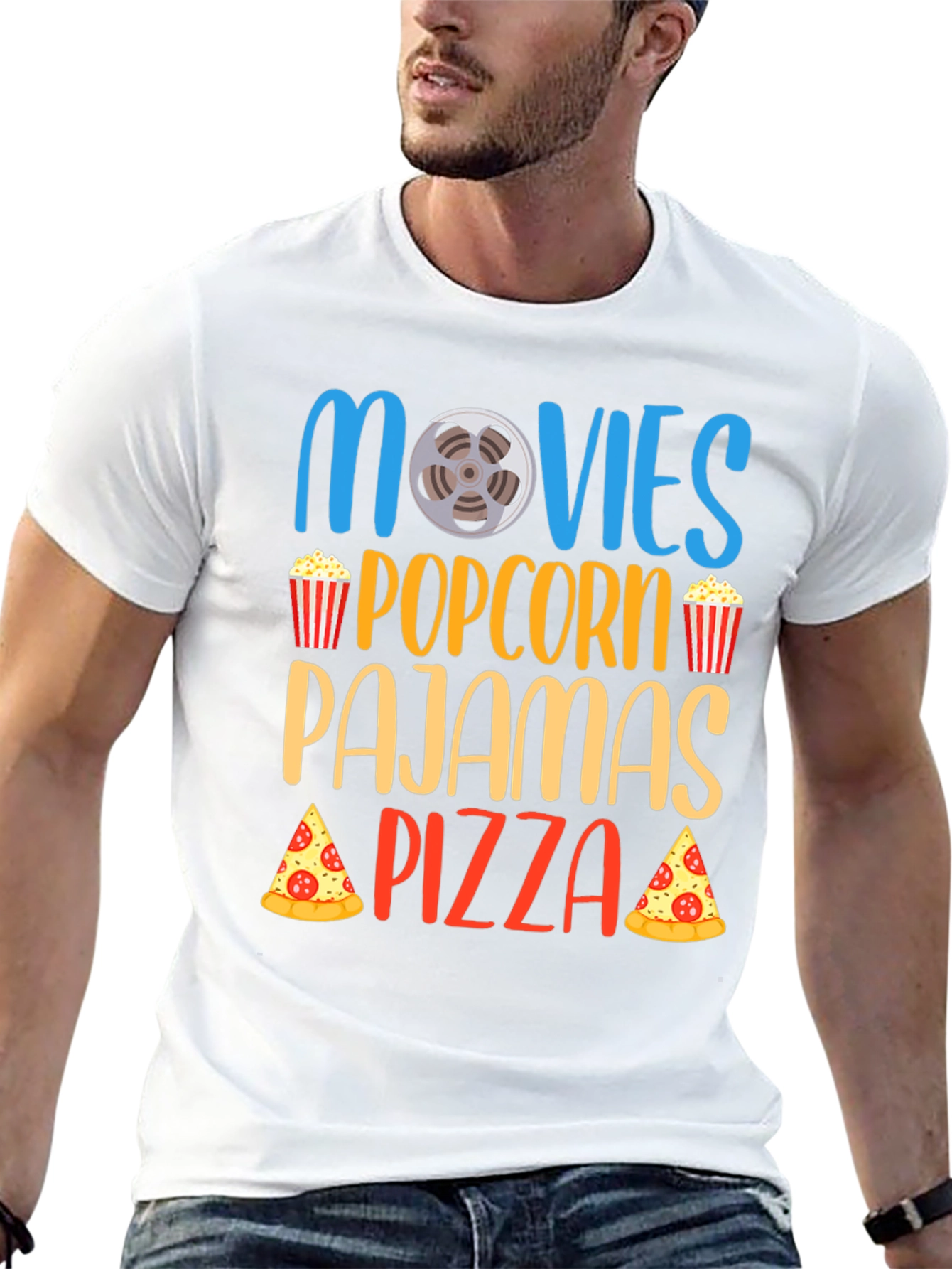 Movies Popcorn Pajamas Pizza Black T-Shirt