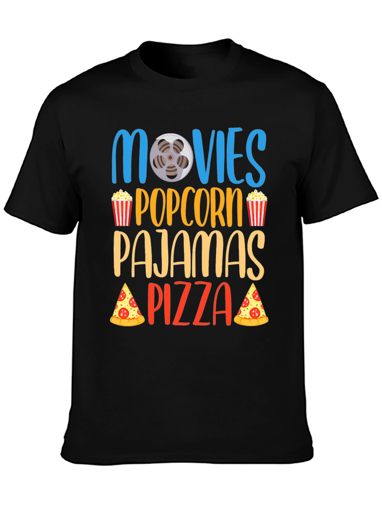Movies Popcorn Pajamas Pizza Black T-Shirt