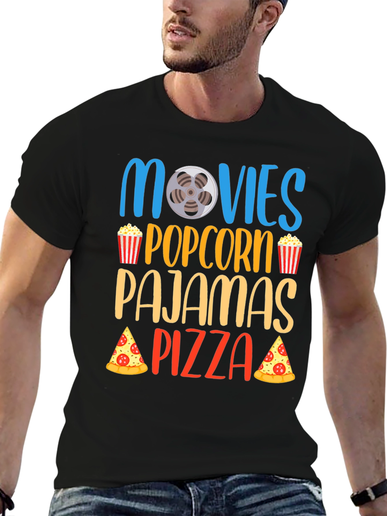 Movies Popcorn Pajamas Pizza Black T-Shirt