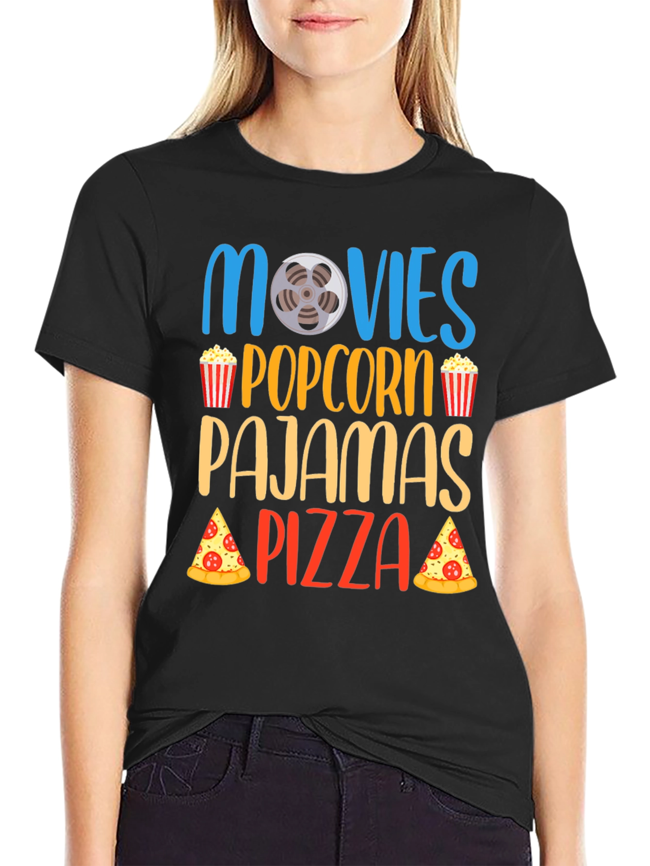 Movies Popcorn Pajamas Pizza Black T-Shirt