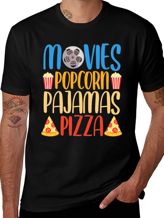 Movies Popcorn Pajamas Pizza Black T-Shirt