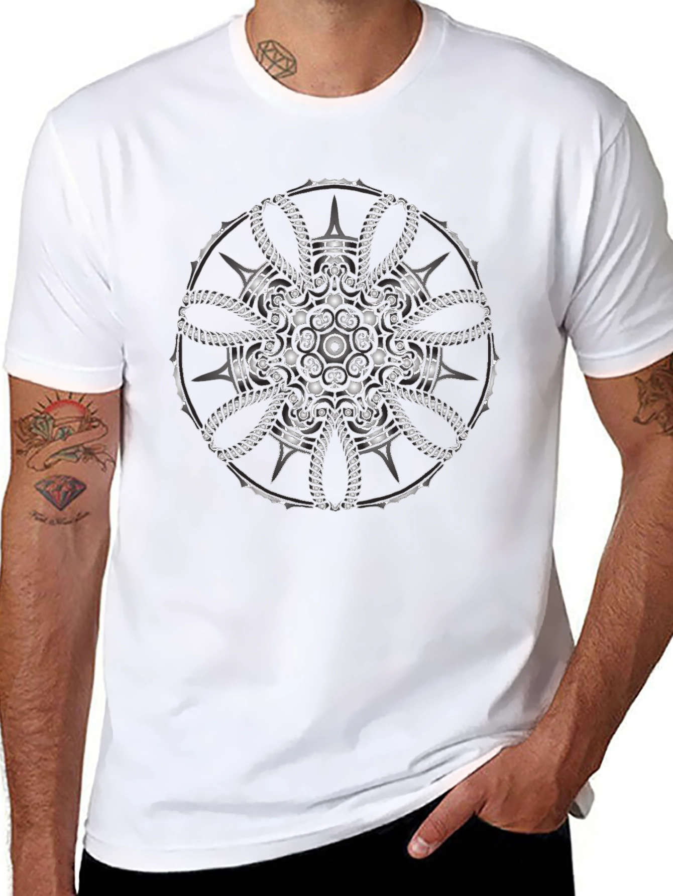 Mens Black T-Shirt with Intricate Silver Mandala Design