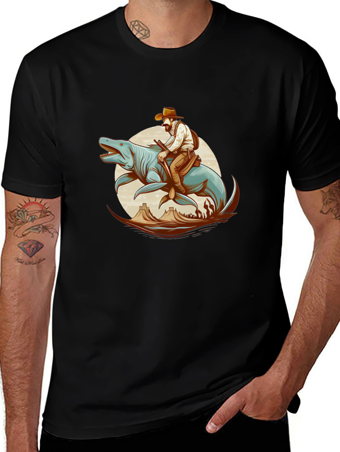 Cowboy Riding Sea Creature Graphic T-Shirt
