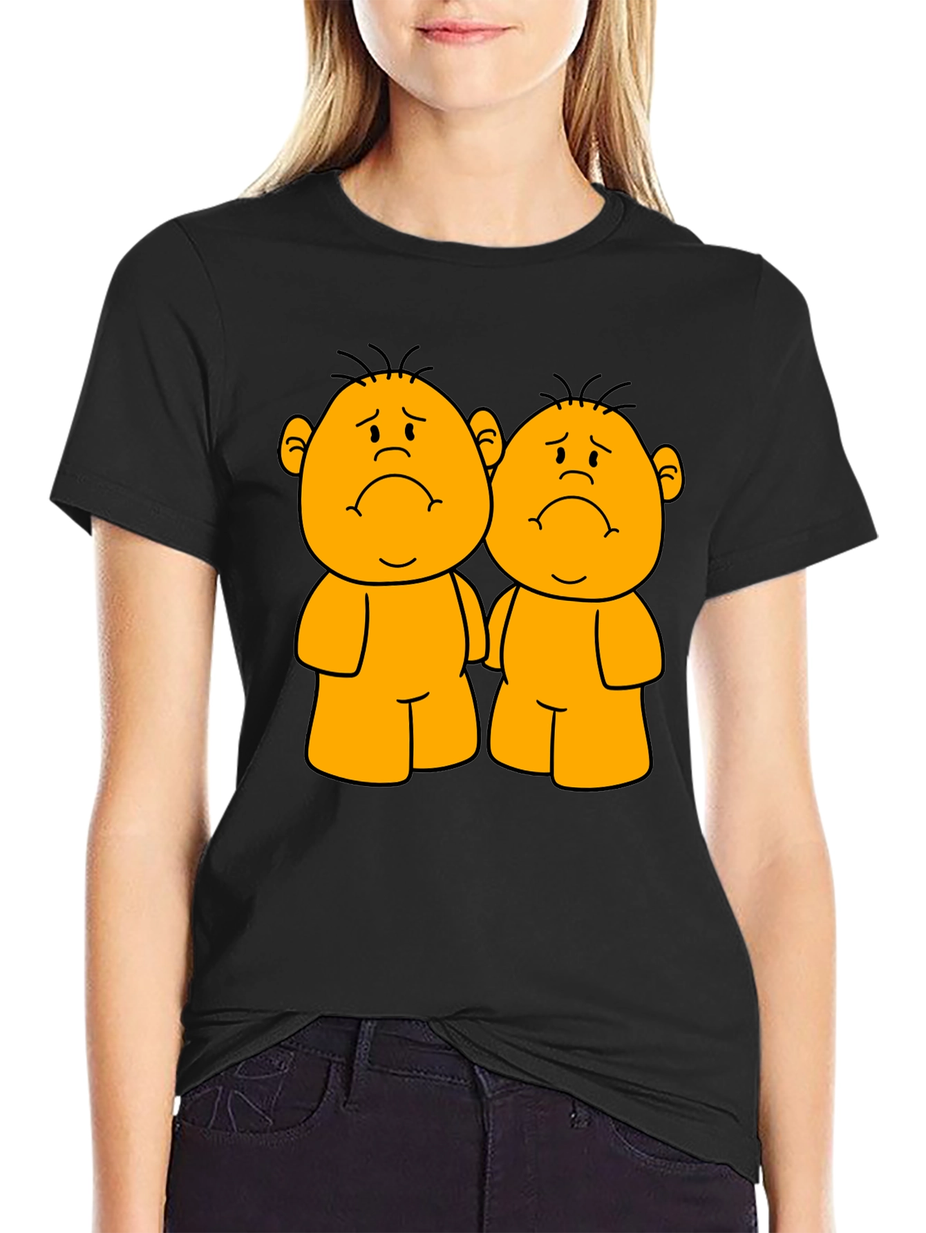 Sad Twin Cartoon Black T-Shirt