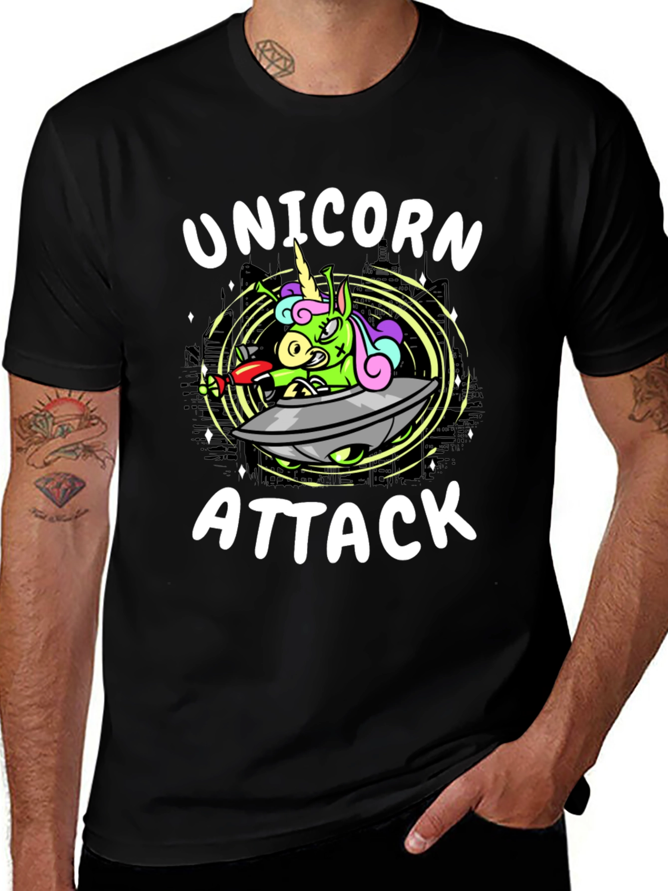 Unicorn Attack Black Graphic Tee