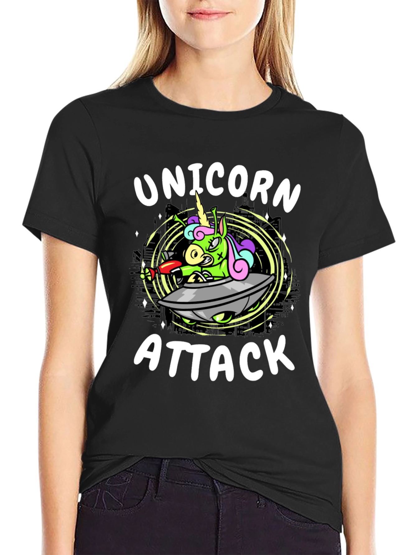 Unicorn Attack Black Graphic Tee