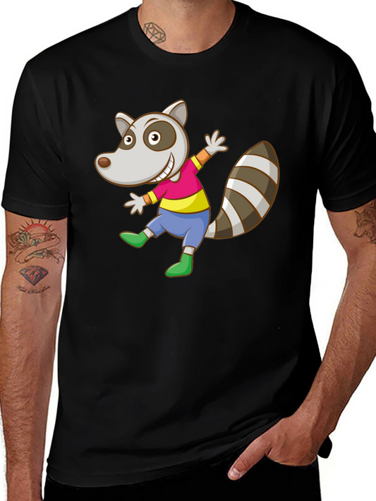 Cartoon Raccoon Graphic Tee - Black Cotton Casual Shirt