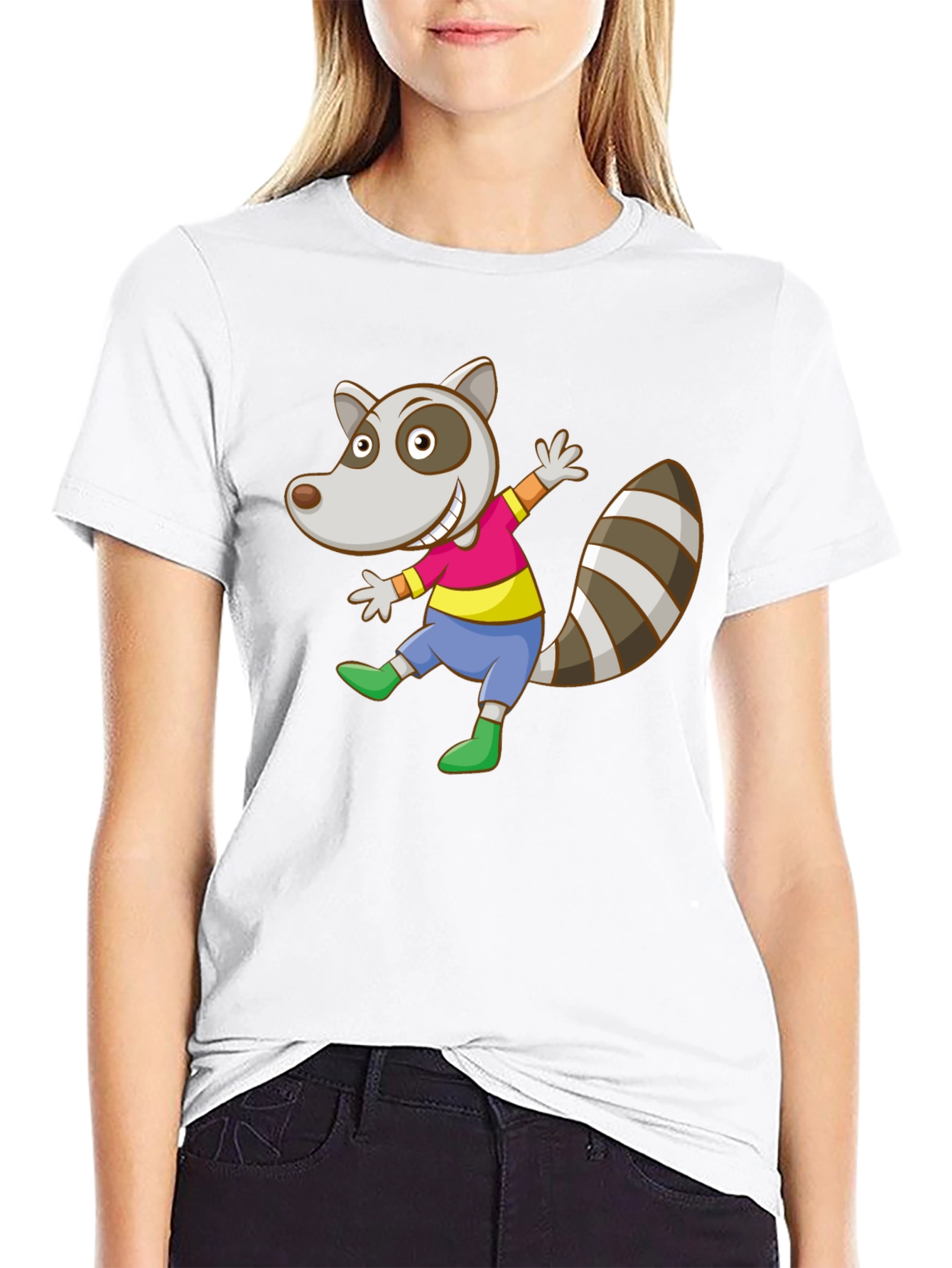 Cartoon Raccoon Graphic Tee - Black Cotton Casual Shirt