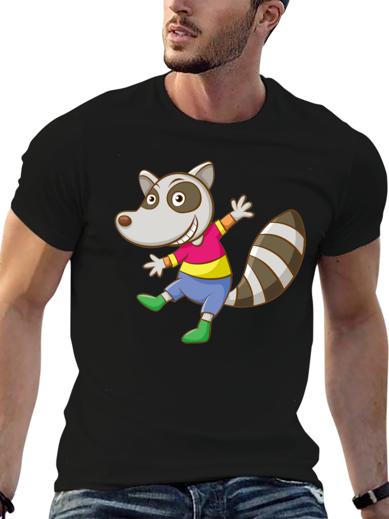Cartoon Raccoon Graphic Tee - Black Cotton Casual Shirt