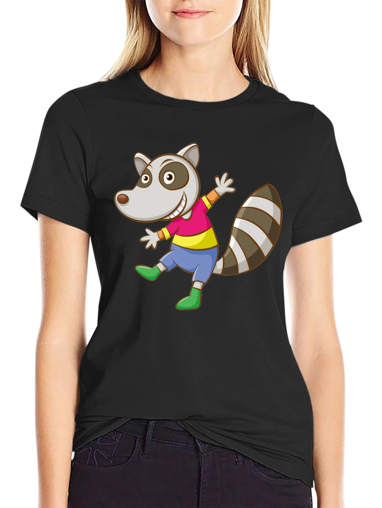 Cartoon Raccoon Graphic Tee - Black Cotton Casual Shirt