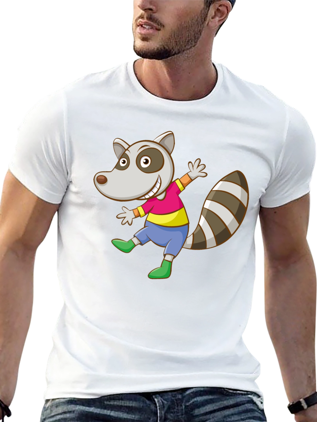 Cartoon Raccoon Graphic Tee - Black Cotton Casual Shirt