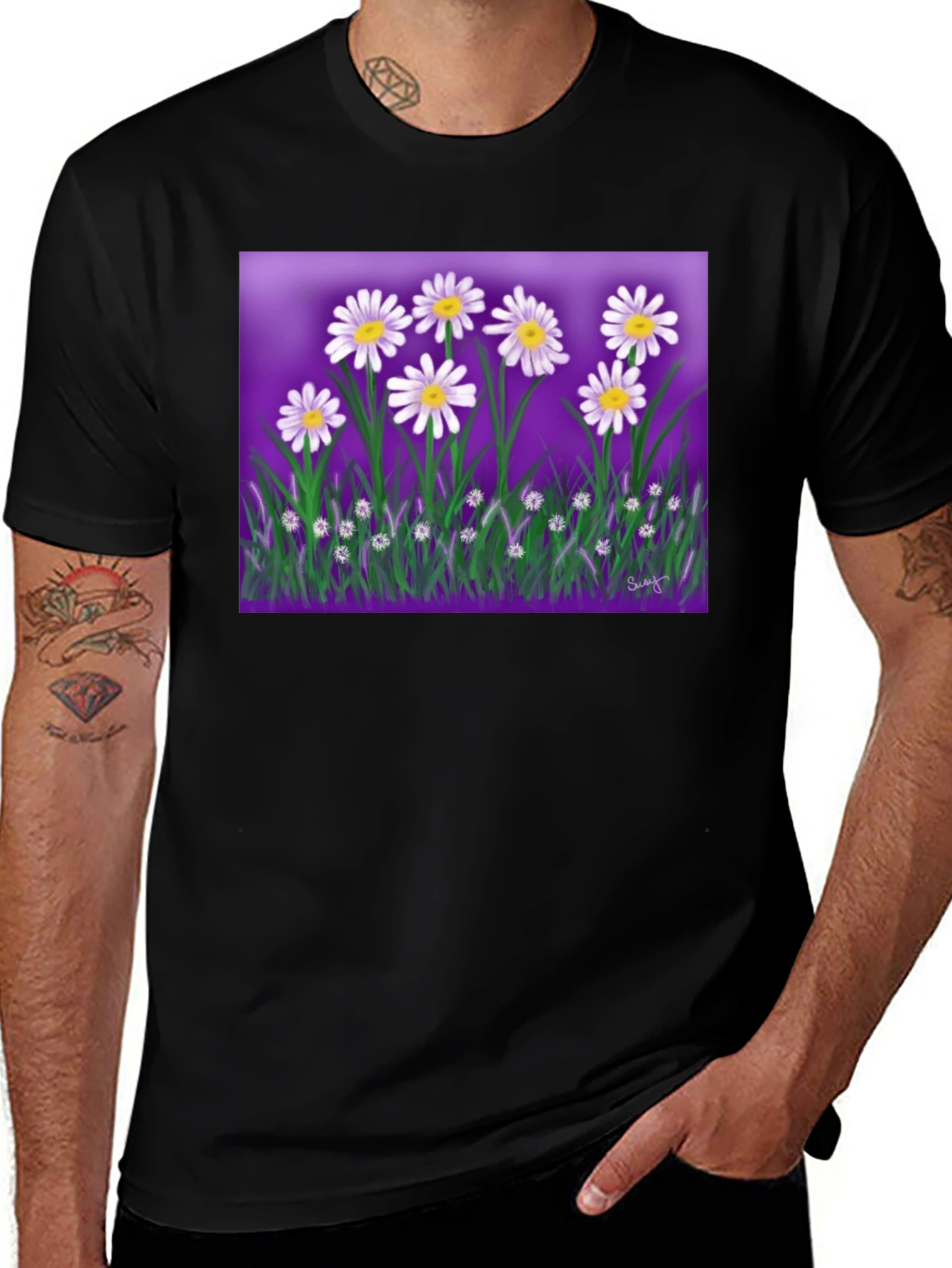Daisy Floral Graphic Black T-Shirt