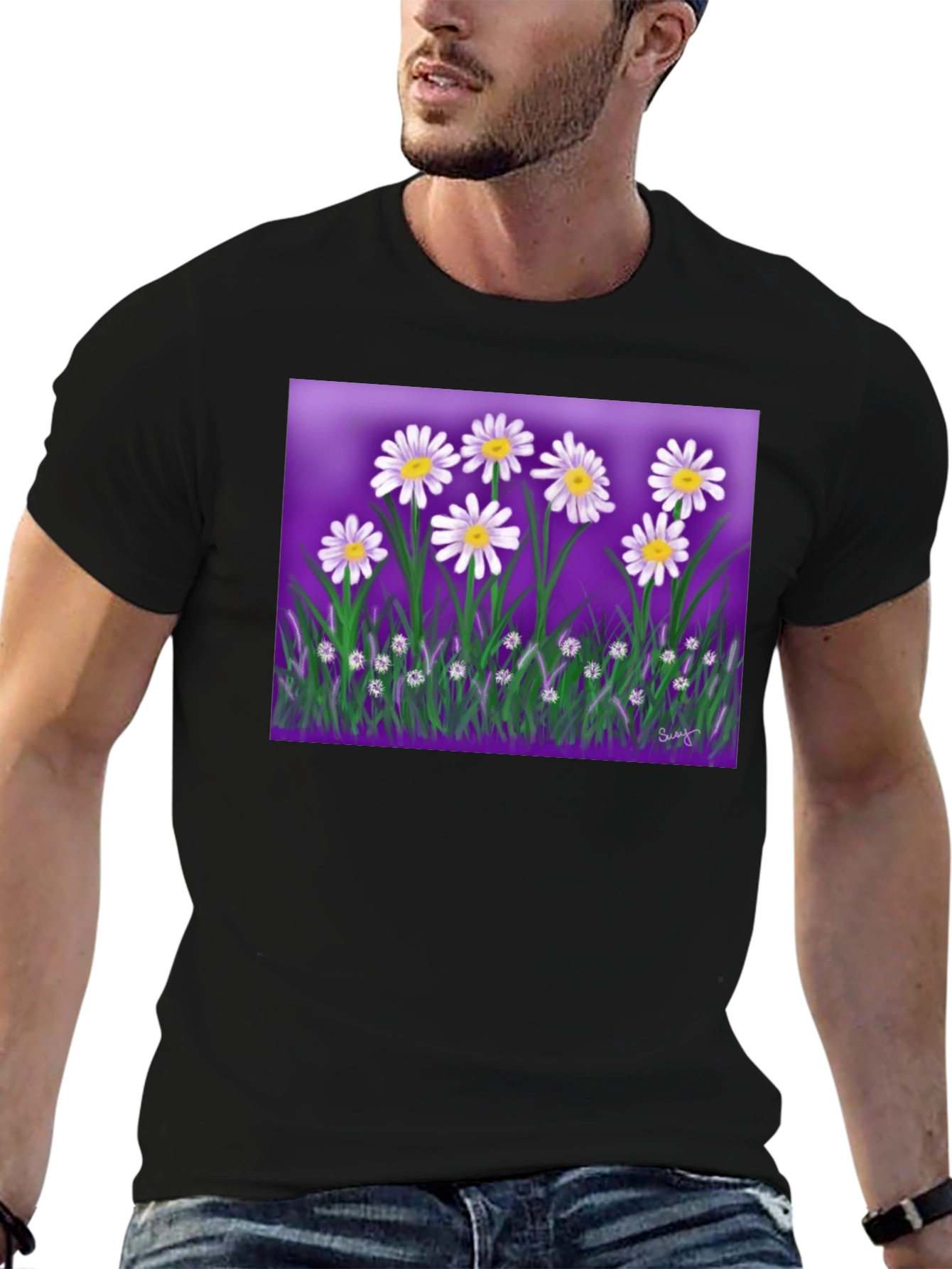 Daisy Floral Graphic Black T-Shirt
