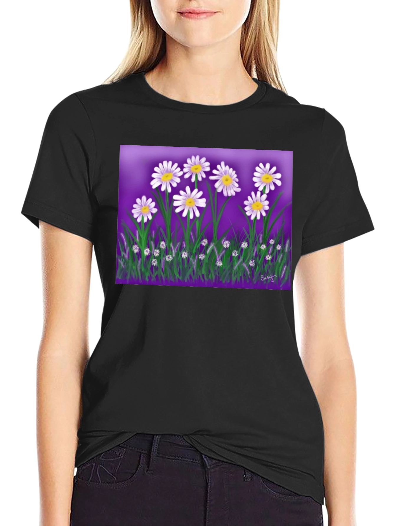 Daisy Floral Graphic Black T-Shirt