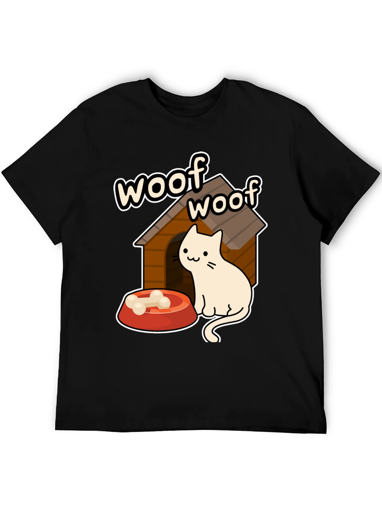 Woof Woof Cat in Dog House Graphic T-Shirt