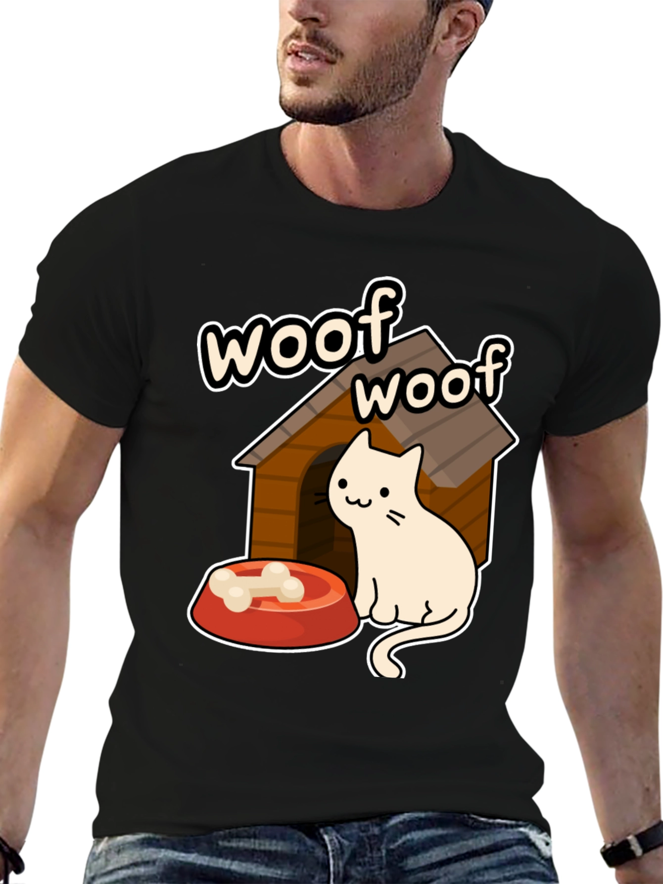Woof Woof Cat in Dog House Graphic T-Shirt