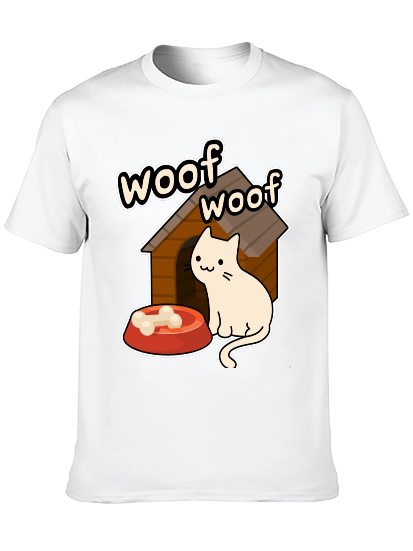 Woof Woof Cat in Dog House Graphic T-Shirt
