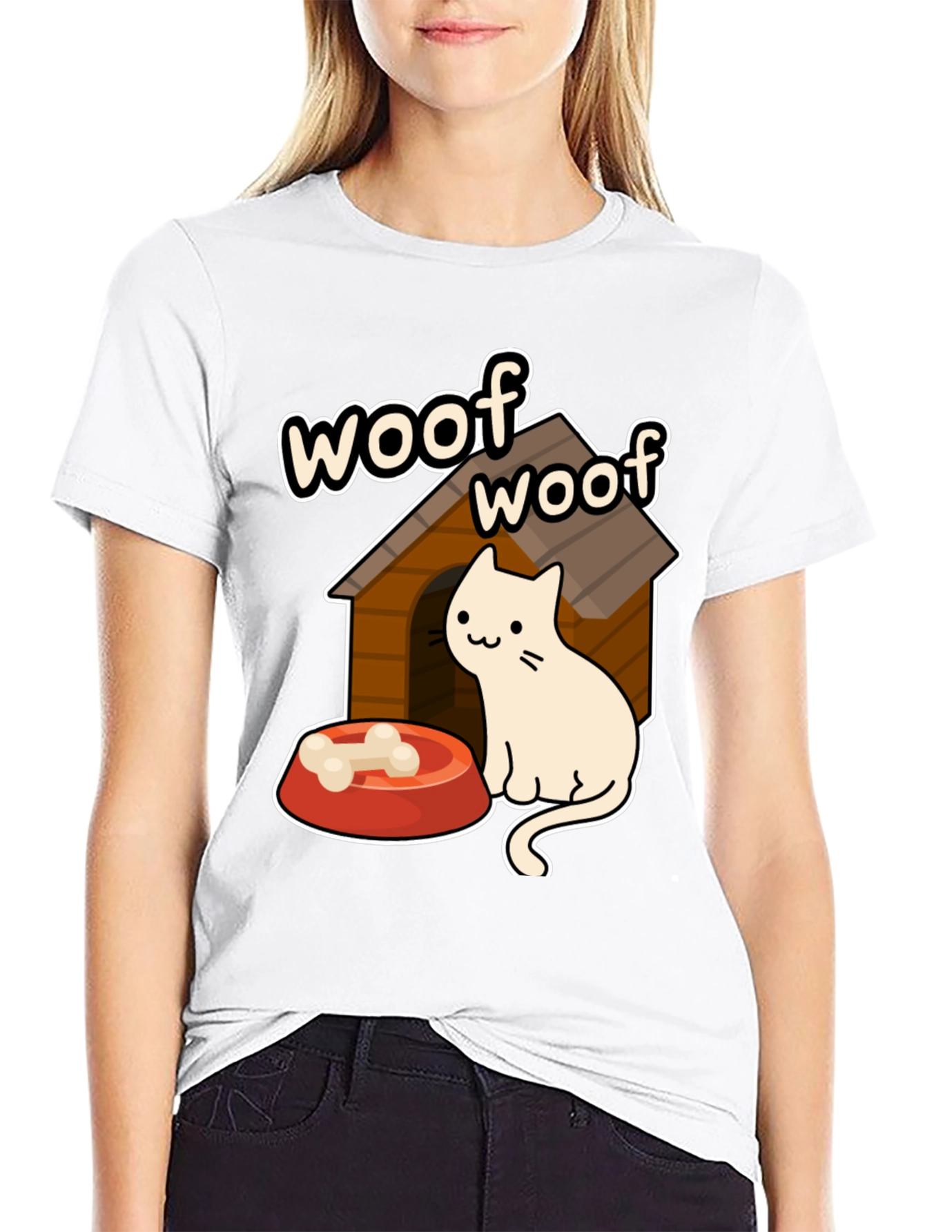 Woof Woof Cat in Dog House Graphic T-Shirt