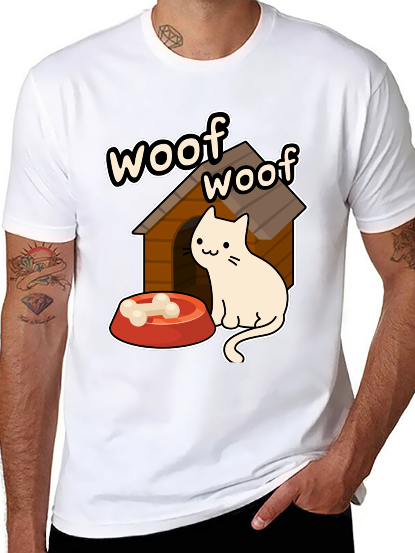 Woof Woof Cat in Dog House Graphic T-Shirt