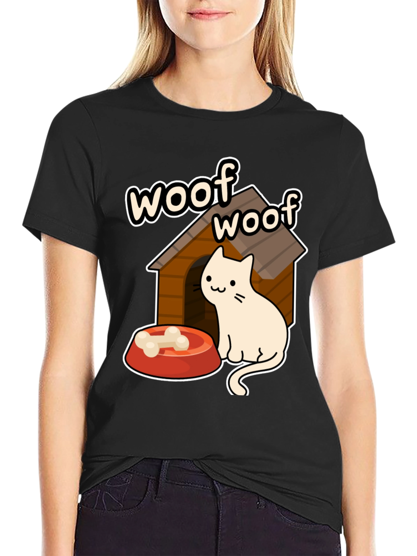 Woof Woof Cat in Dog House Graphic T-Shirt