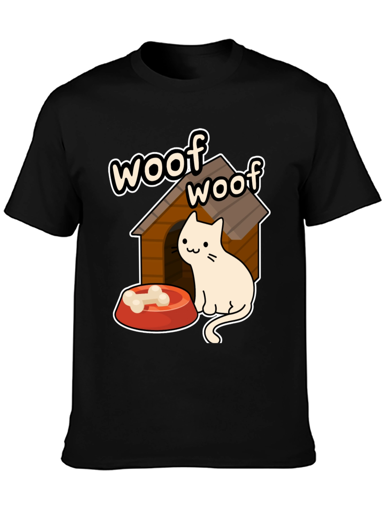 Woof Woof Cat in Dog House Graphic T-Shirt