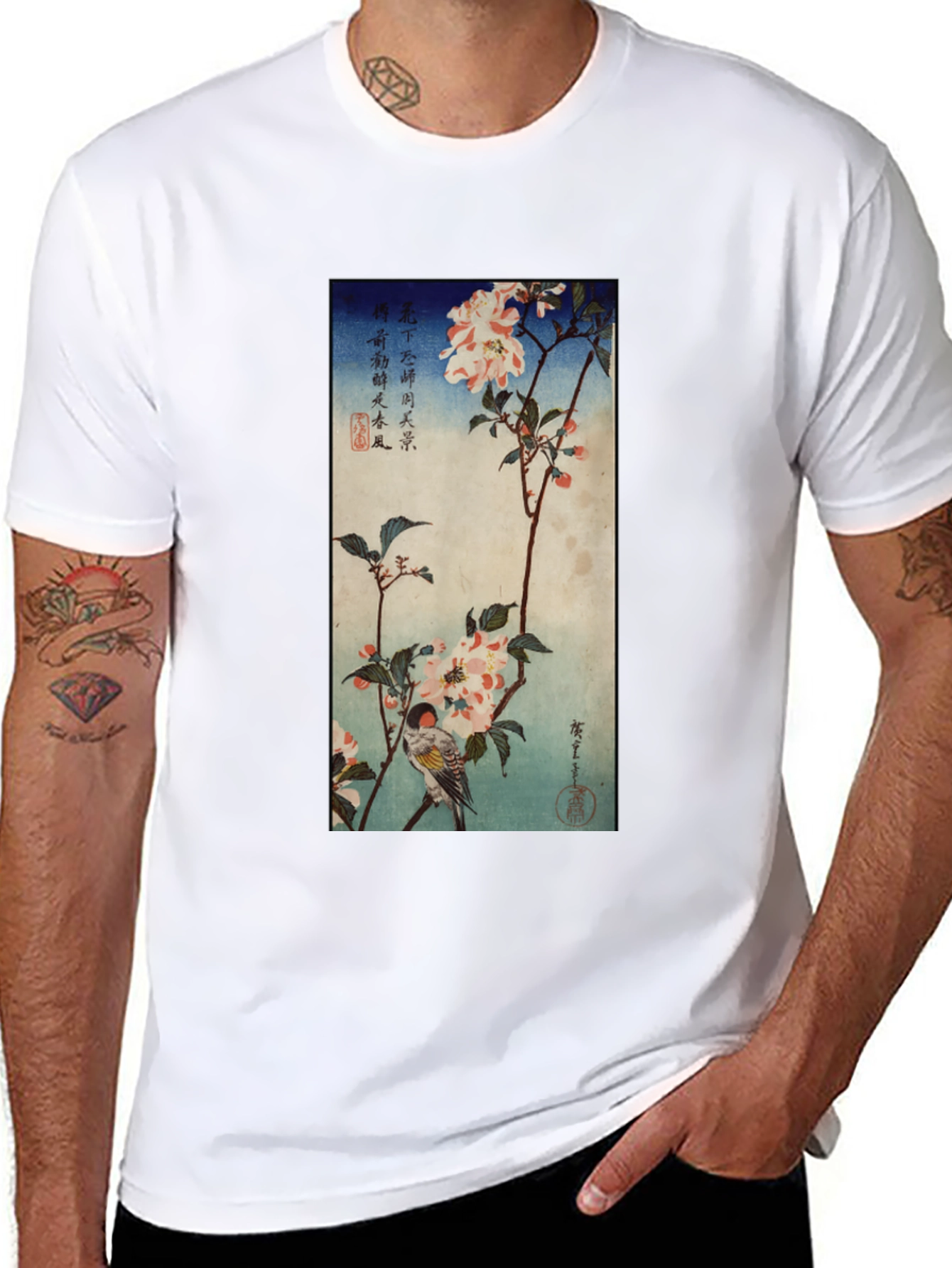 Japanese Bird & Blossom Art T-Shirt