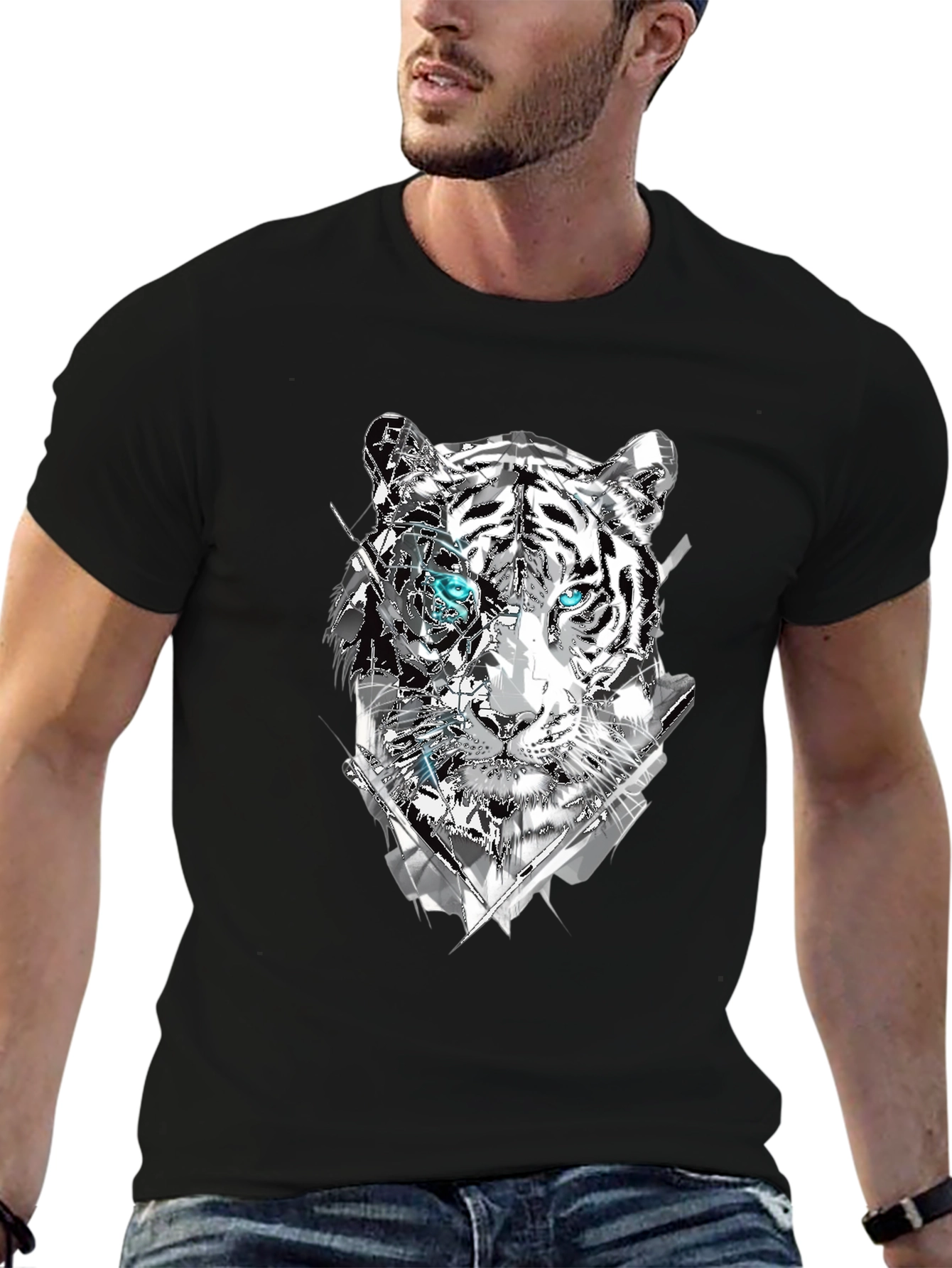 Abstract Tiger Graphic Print Tee - Mens Black T-Shirt