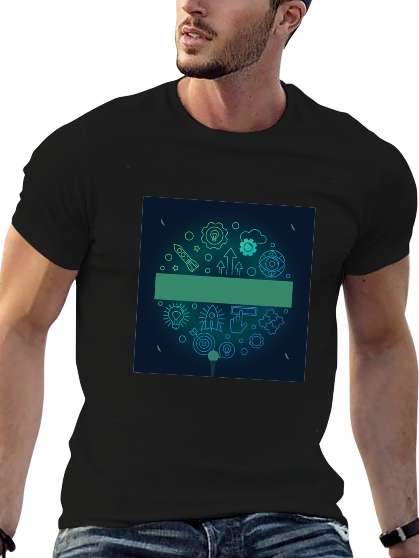 Modern Black Tee with Startup Icon Graphic