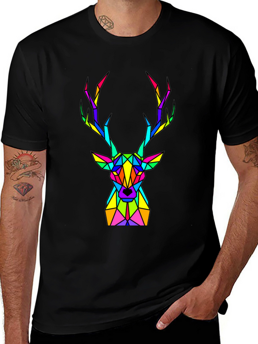 Geometric Deer Graphic T-Shirt - Rainbow Stag Design
