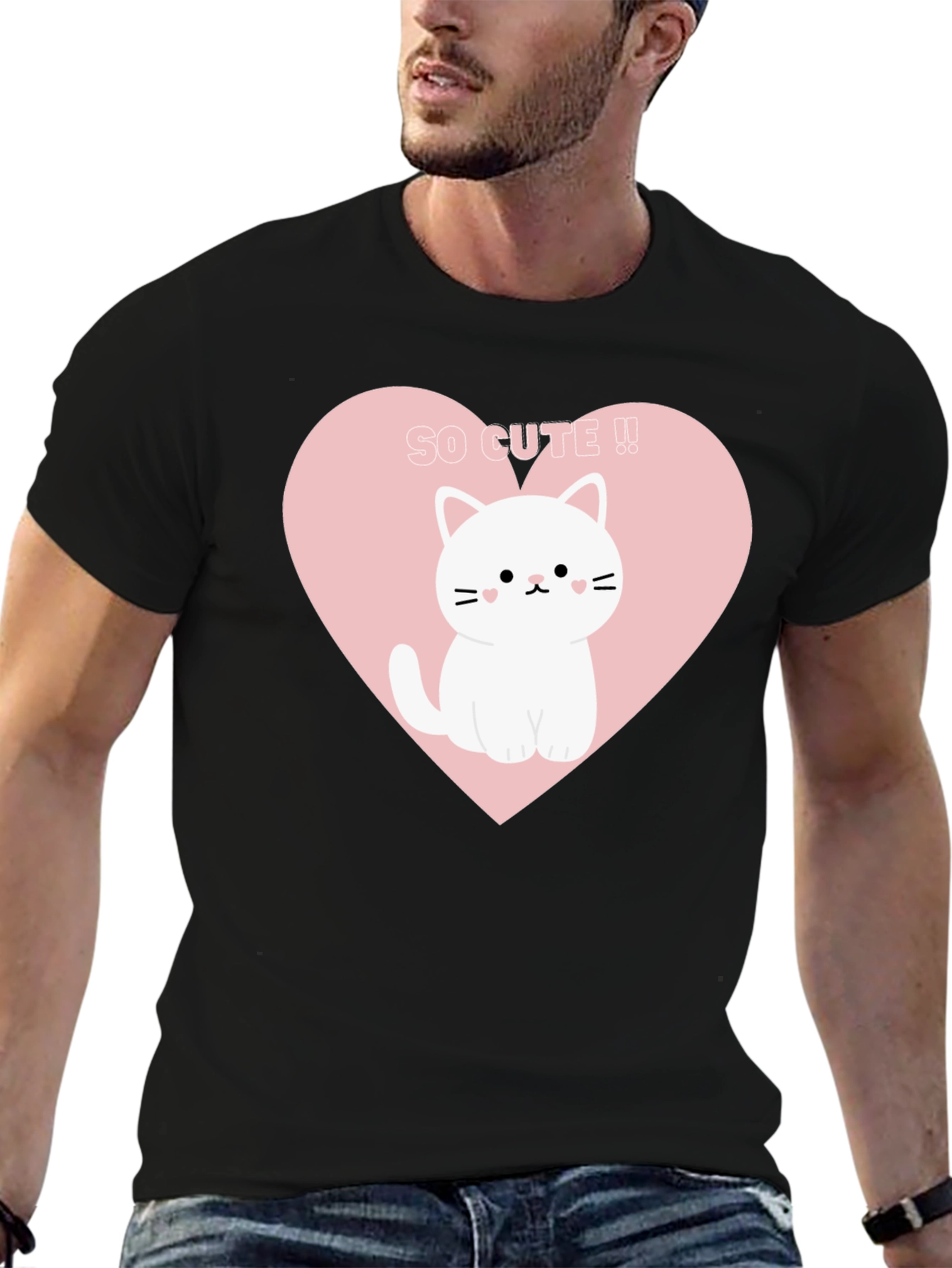 Cute Cat Heart Graphic Tee - Black T-Shirt