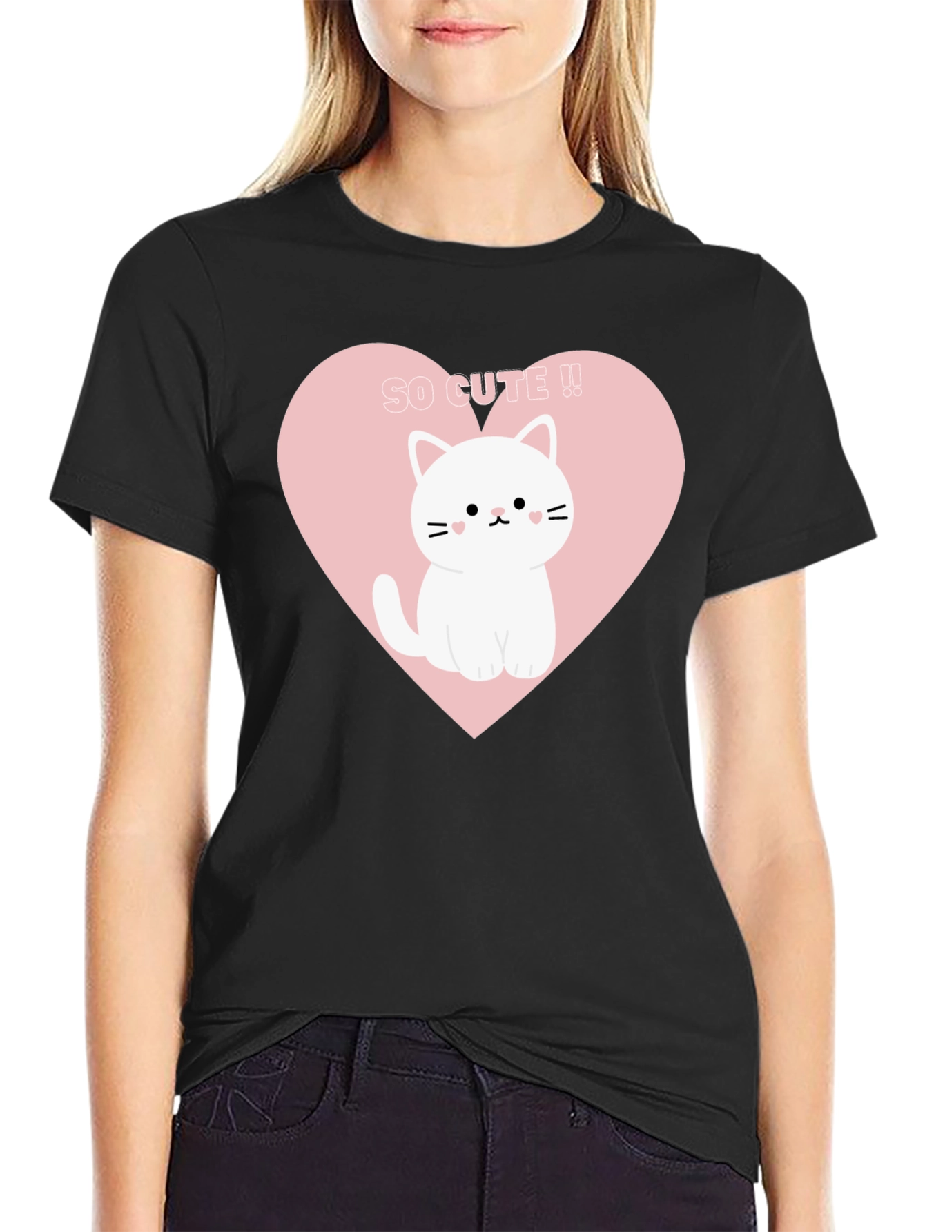 Cute Cat Heart Graphic Tee - Black T-Shirt