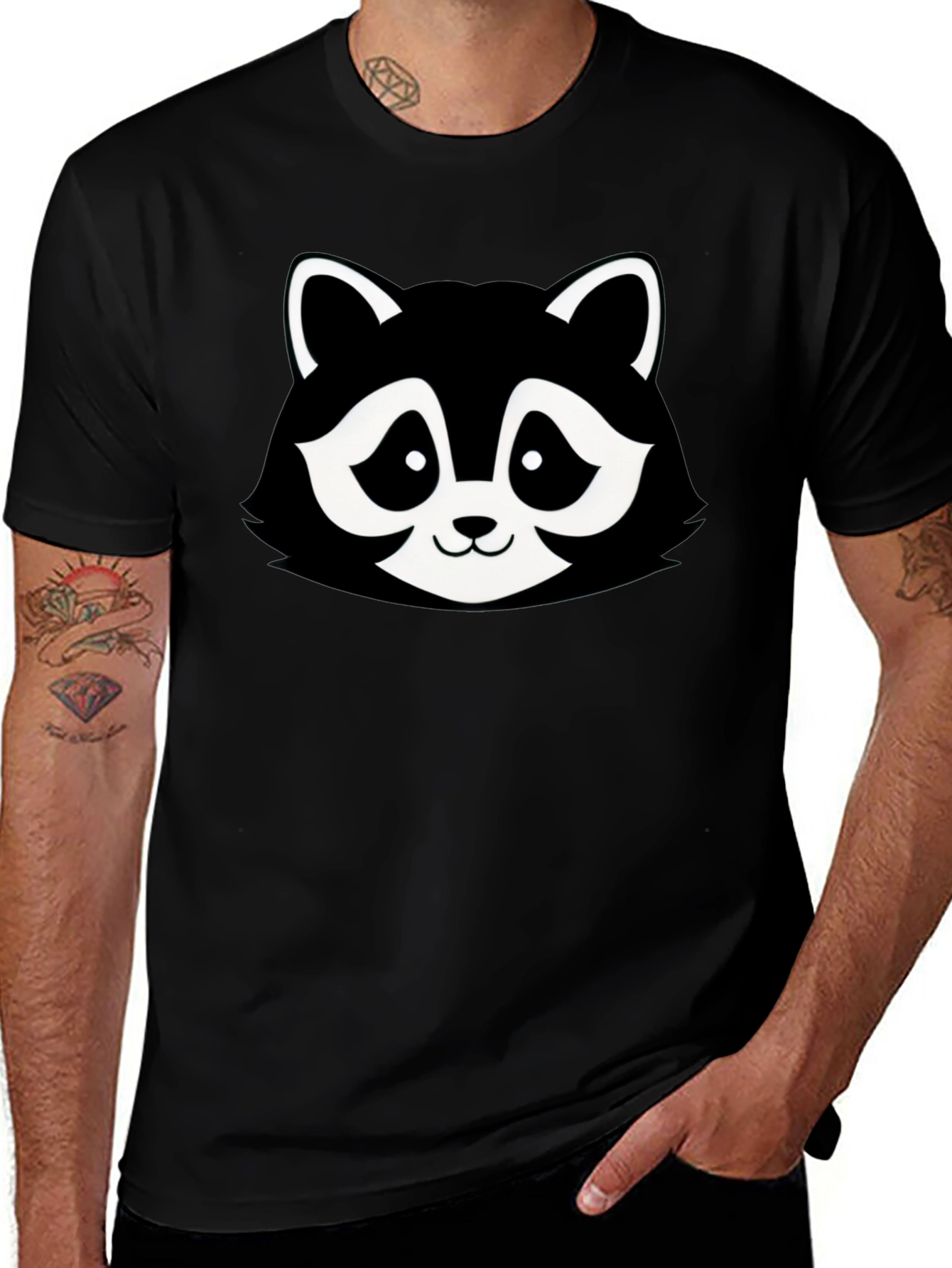 Cartoon Raccoon Graphic T-Shirt - Black