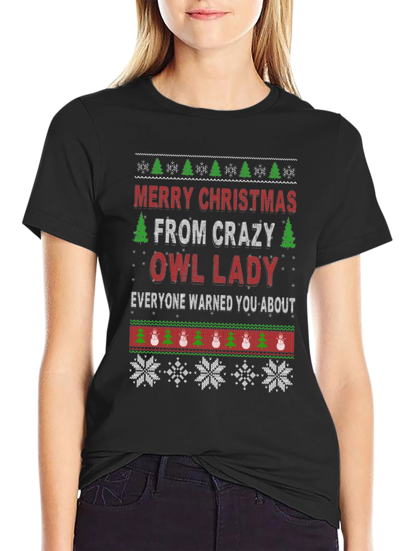 Crazy Owl Lady Christmas T-Shirt - Holiday Apparel