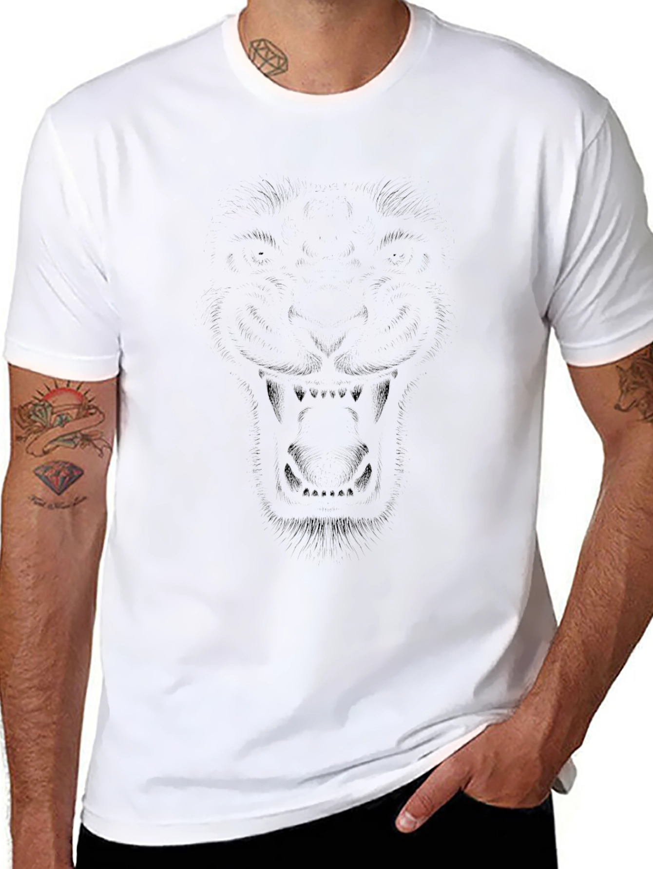 Mens Black Graphic Tee - Lion Face Design