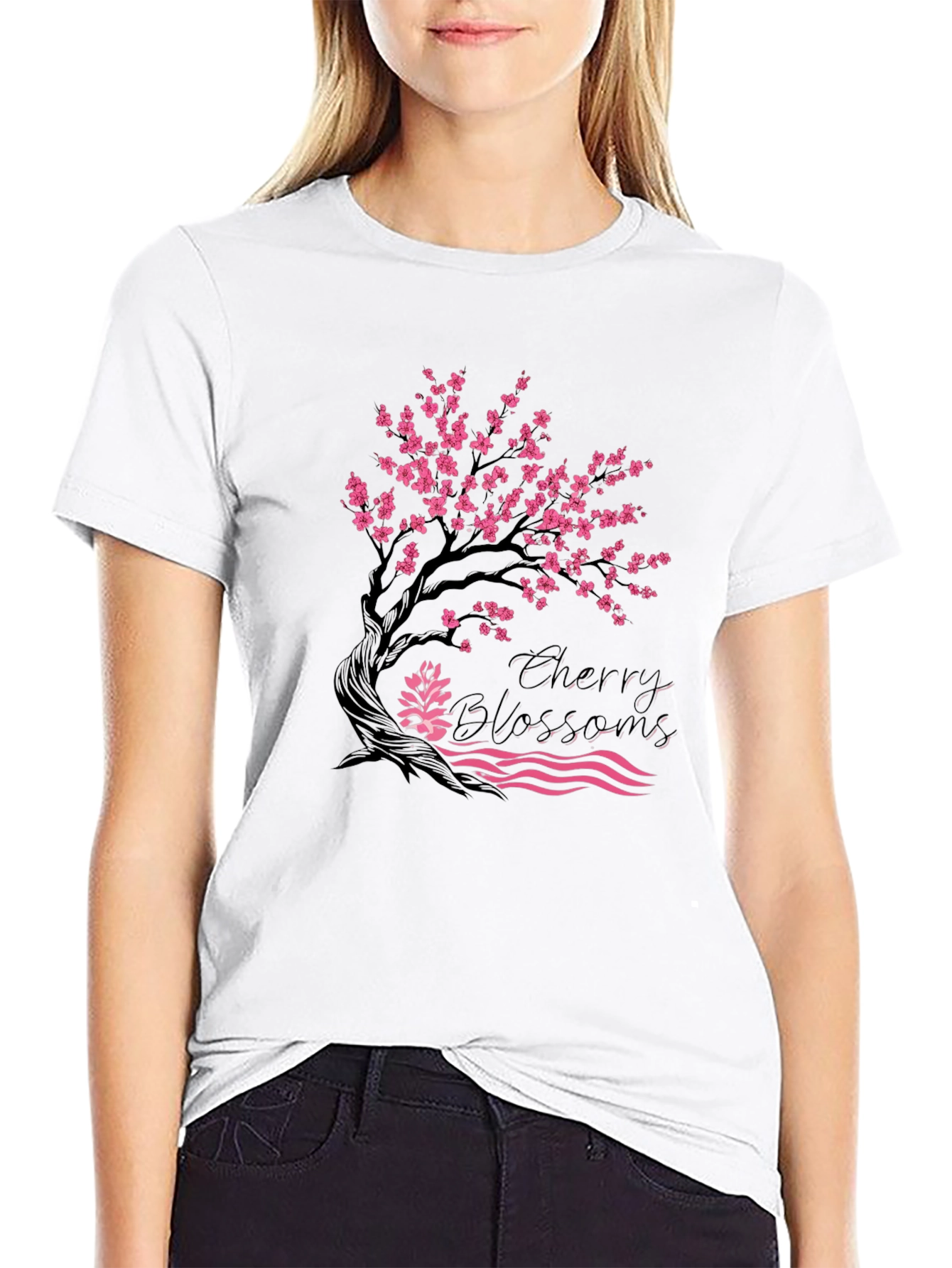 Cherry Blossom Graphic Print Black Tee