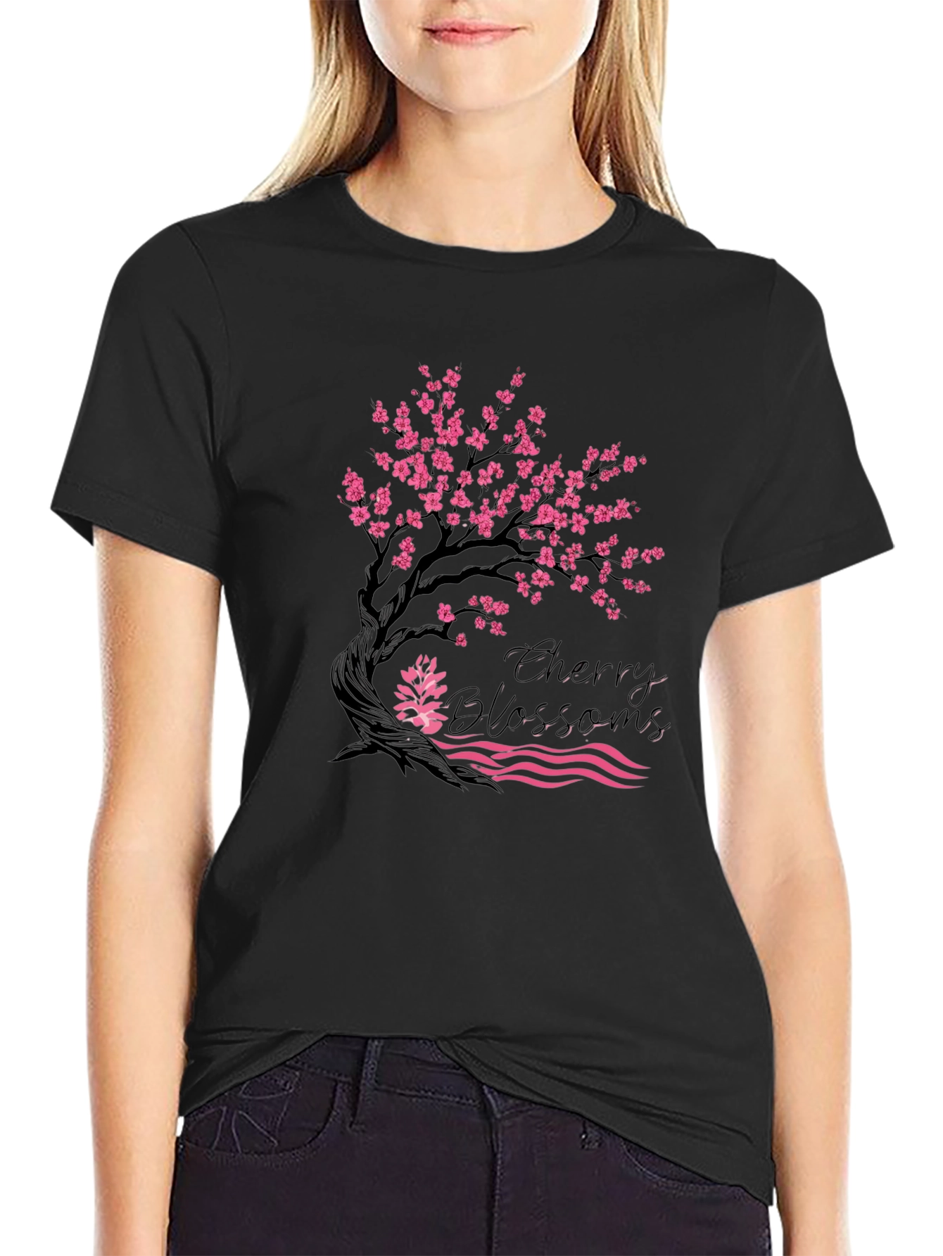 Cherry Blossom Graphic Print Black Tee