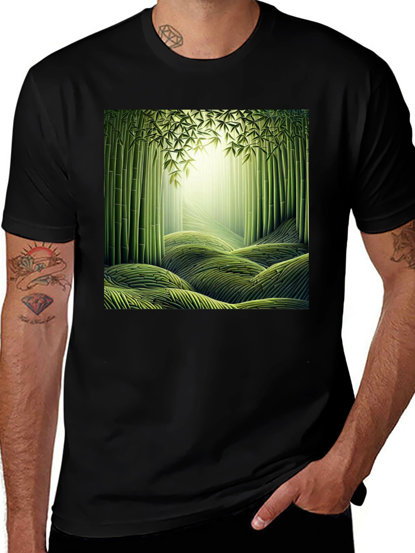 Bamboo Forest Print Black T-Shirt