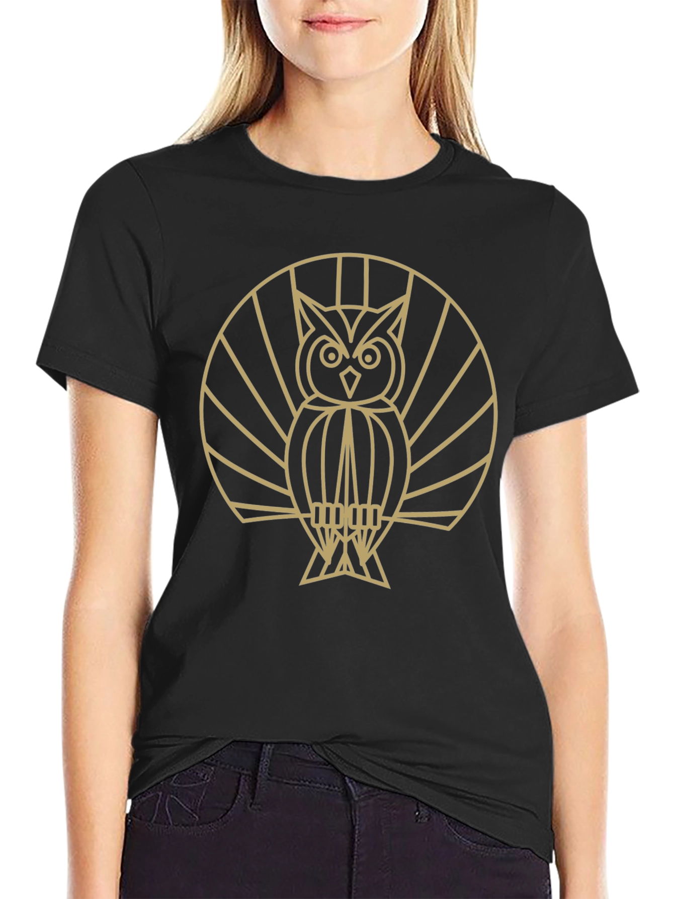Geometric Owl Graphic T-Shirt - Black