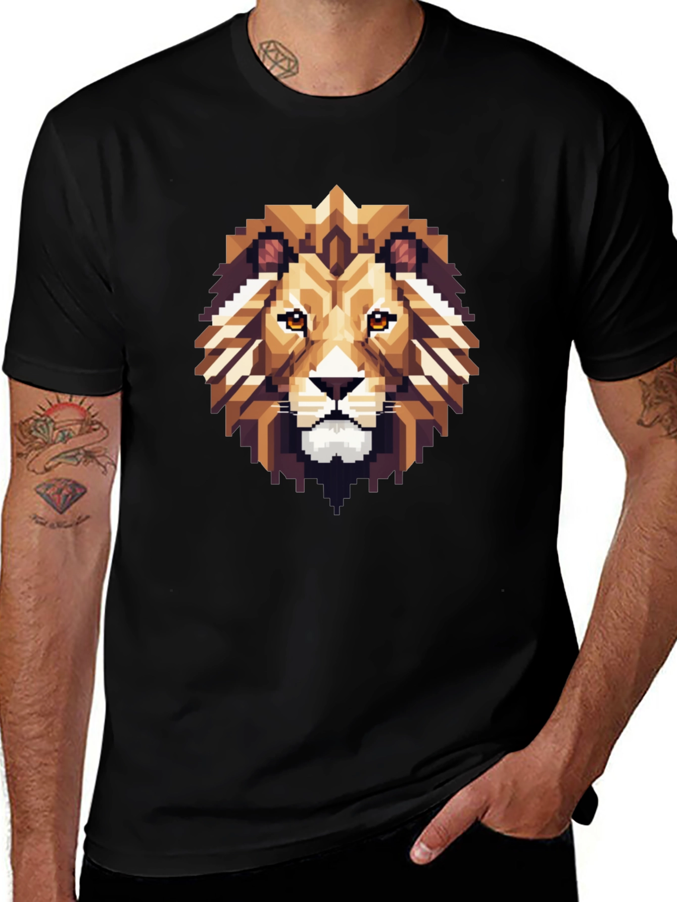 Pixelated Lion Graphic Tee - Black Cotton Shirt