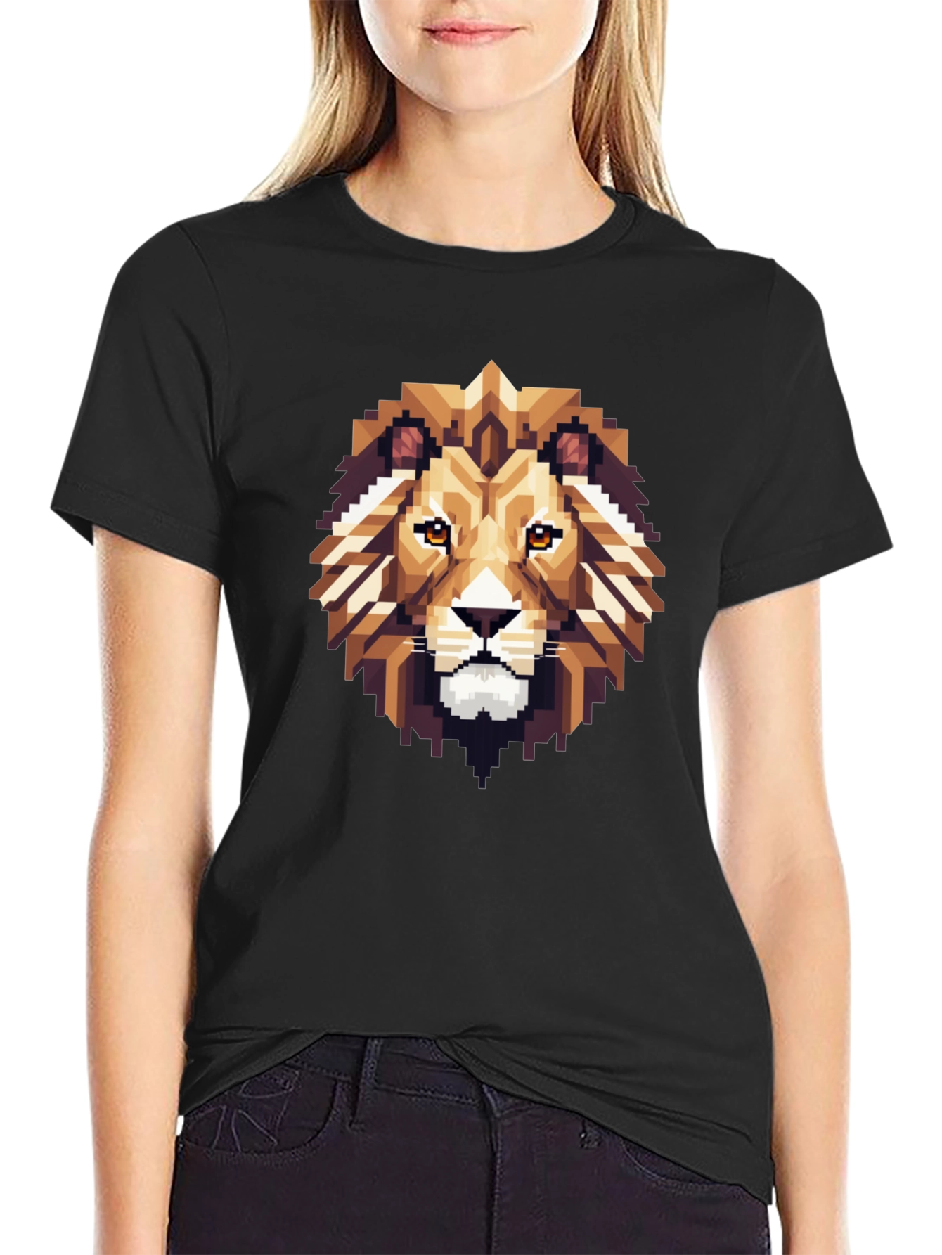 Pixelated Lion Graphic Tee - Black Cotton Shirt