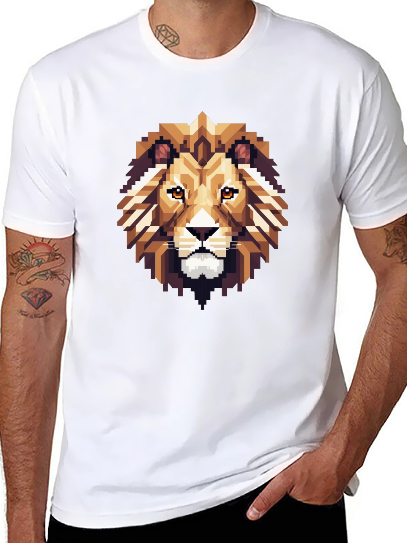 Pixelated Lion Graphic Tee - Black Cotton Shirt