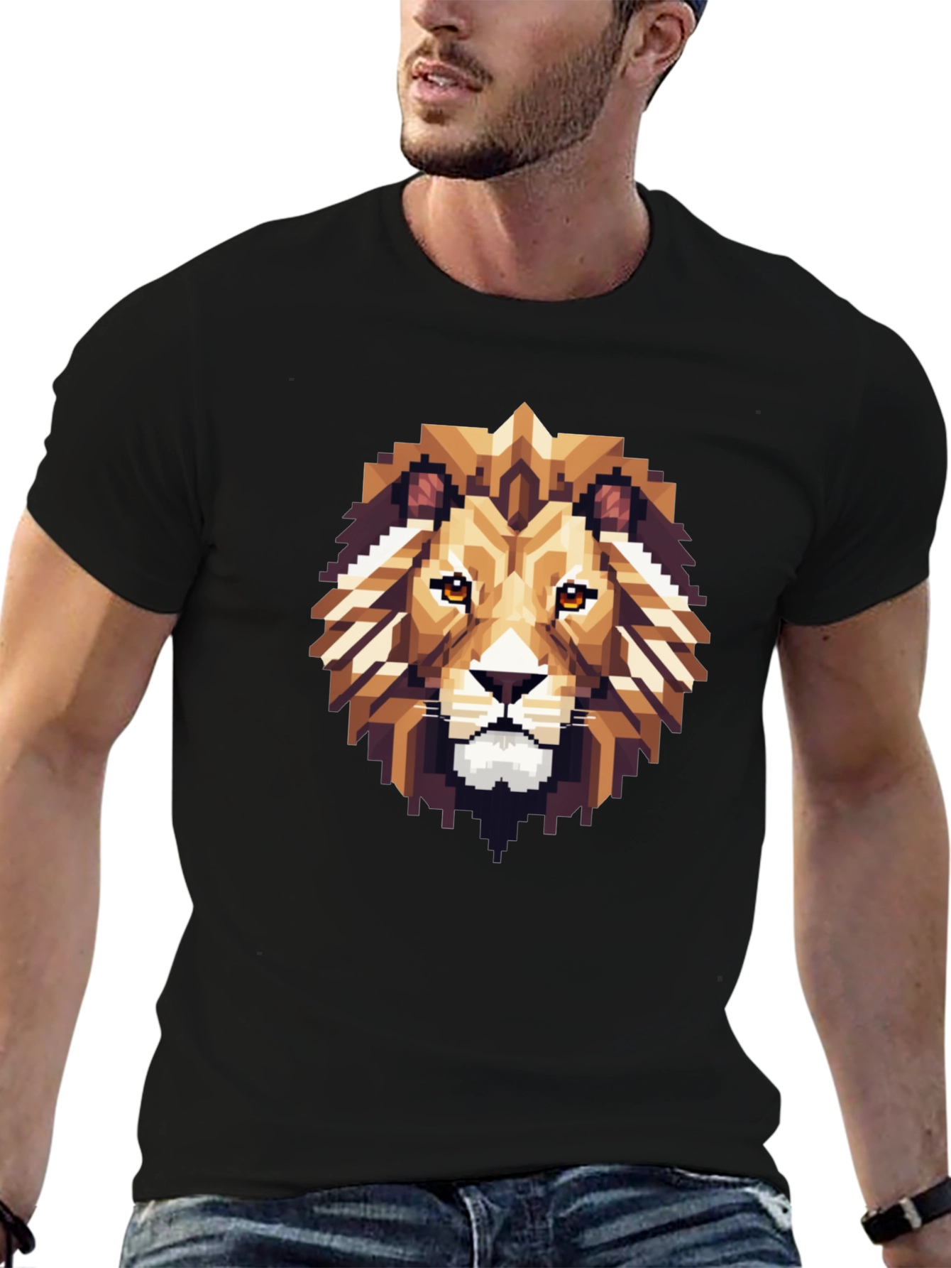 Pixelated Lion Graphic Tee - Black Cotton Shirt